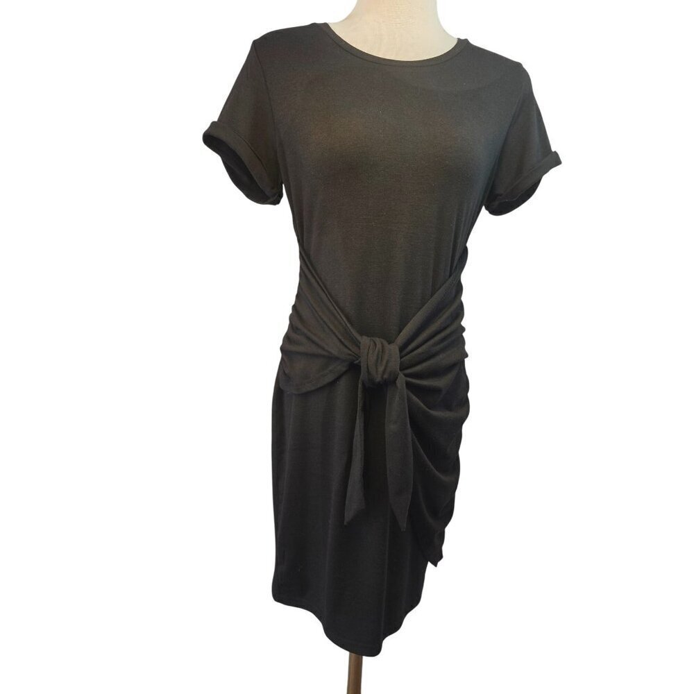 Lillusory Black Ruched Faux Wrap Dress Sz S Short Slv Poly Rayon Lightweight Kni